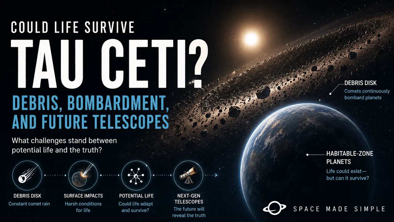 Could Life Survive Tau Ceti? Debris, Bombardment, and Future Telescopes