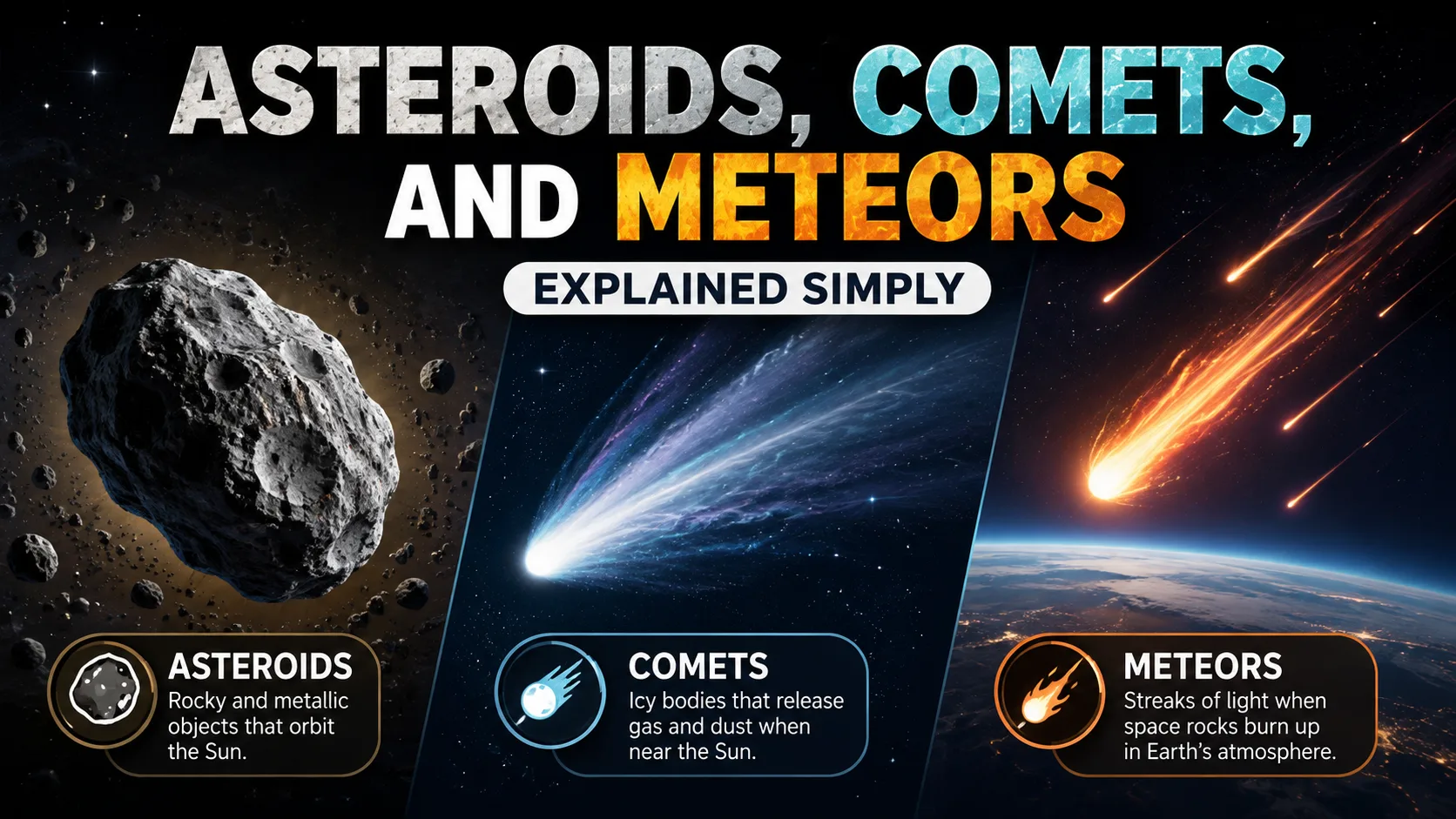 The Difference Between Asteroids, Comets, and Meteors Explained Simply