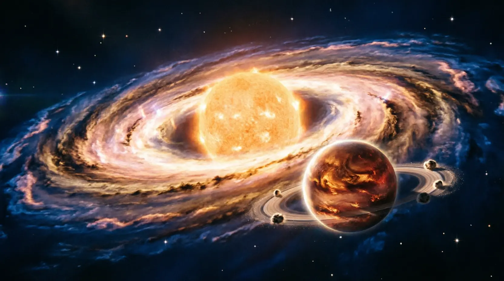 Artistic visualization of the PDS 70 system with an orange host star at the center.