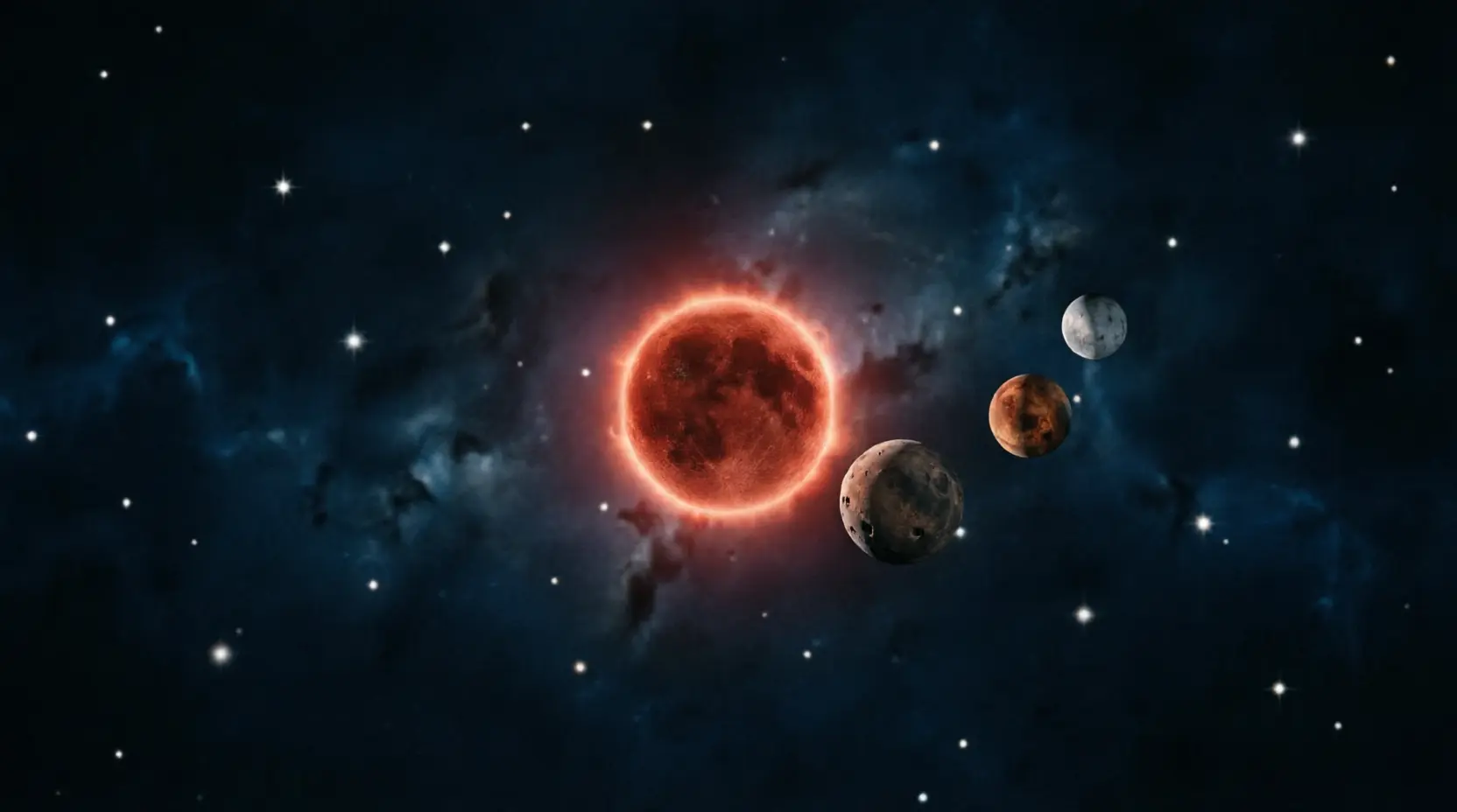 An artistic illustration of Teegarden's Star, a red dwarf star, with three rocky exoplanets orbiting it against a dark starry background, featuring the caption Teegarden's Star Earth's Quiet Neighbor.